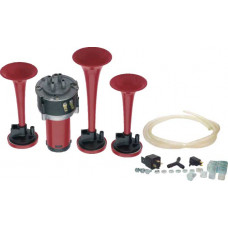 BUZINA 03 CORNETAS ELETROPNEUMATICAS VERMELHA 12V UNIVERSAL