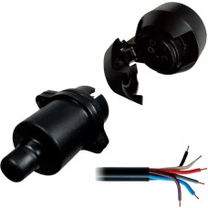 KIT TOMADA ELETRICA REDONDA P/ ENGATE 6 POLOS COMPLETA NYLON PRETO 12/24V