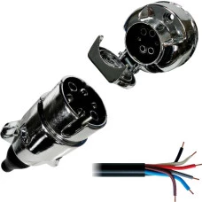 KIT TOMADA ELETRICA REDONDA P/ ENGATE 6 POLOS COMPLETA PLASTICO CROMADO 12/24V